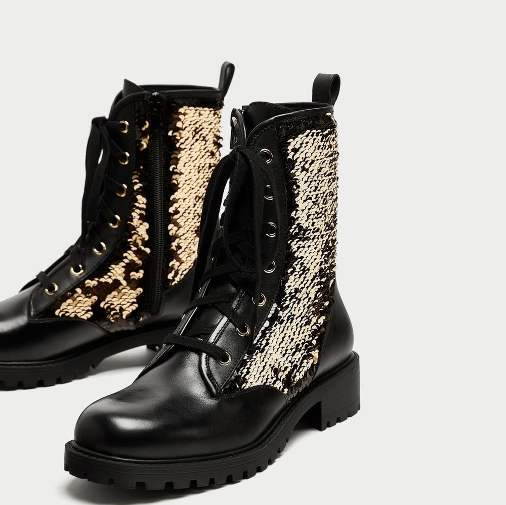 Zara Gold Black Sequined Leather Combat Boots 35